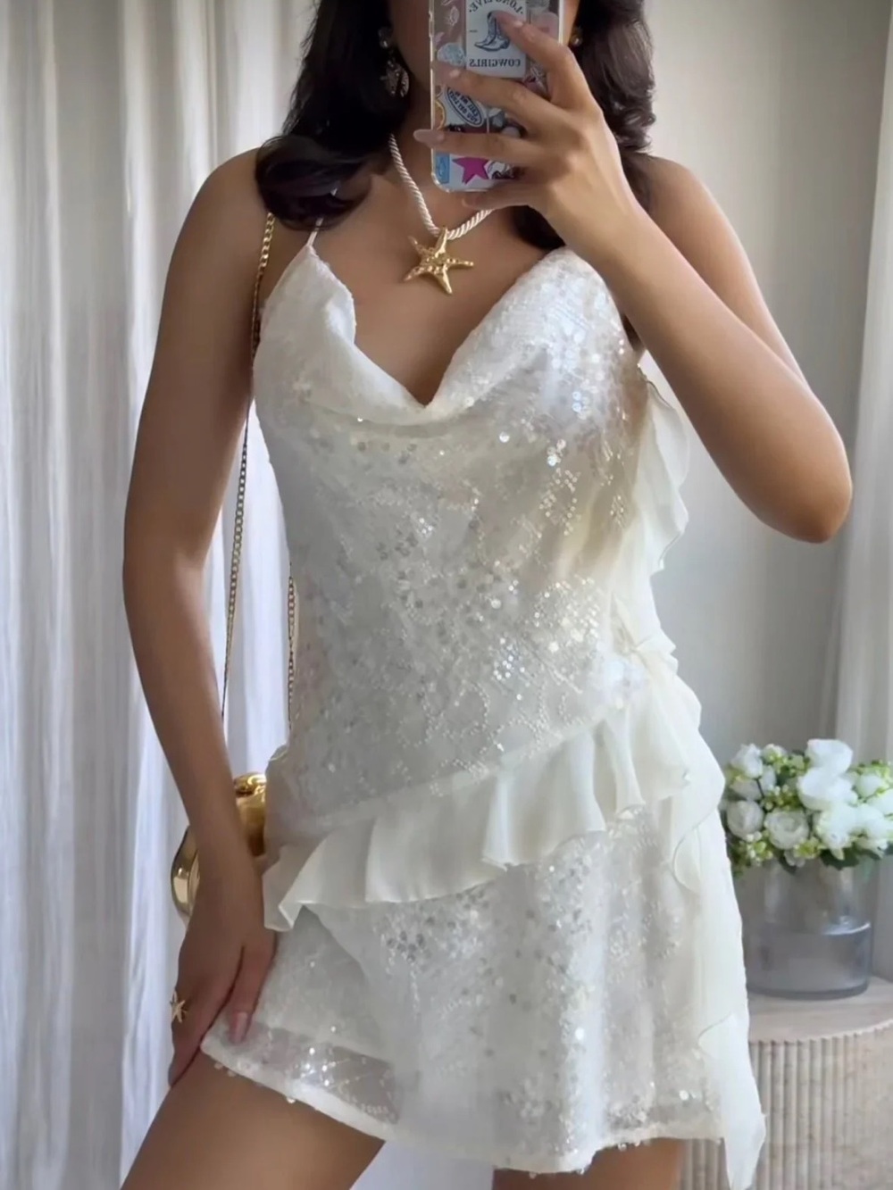 White Sequin Mini Dress with Ruffle Detail